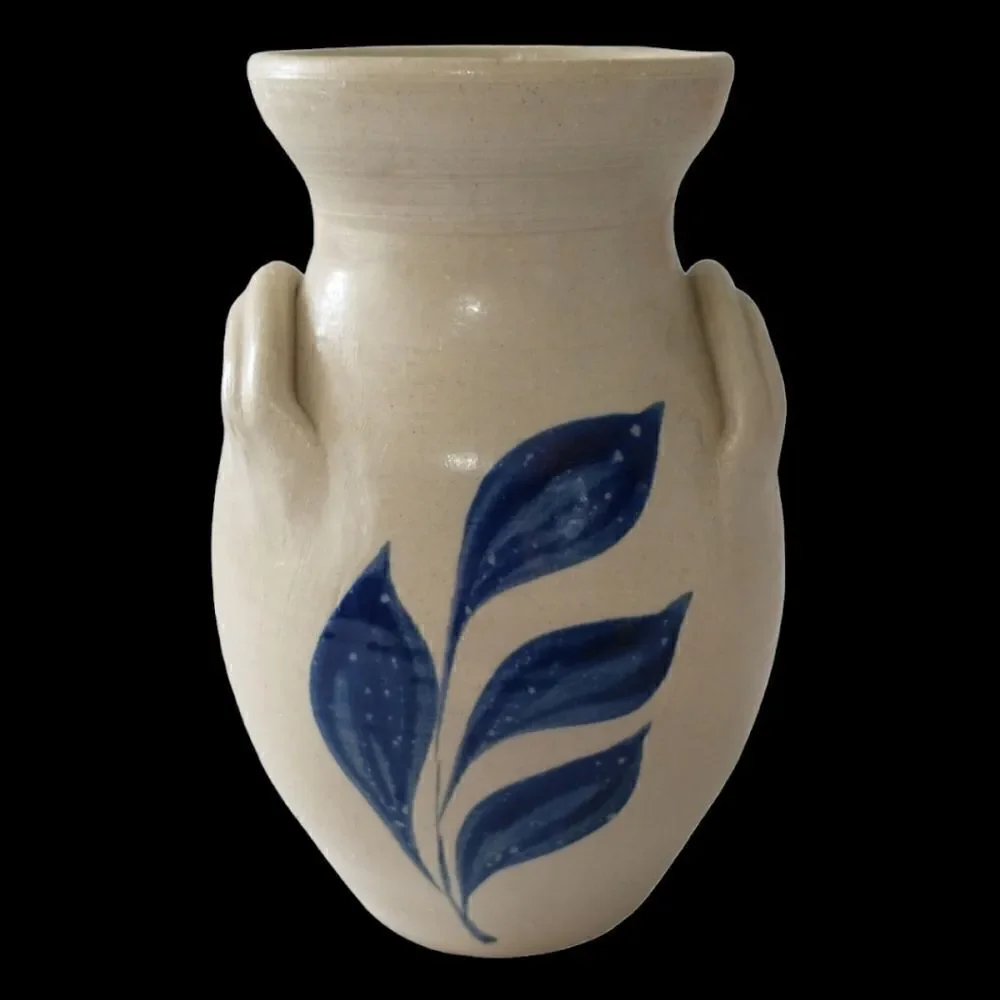 Williamsburg Pottery‎ Vase Two Handled  Blue Leaf Design Spring Summer Flowers.